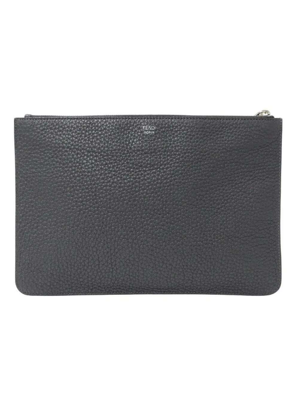 Fendi Clutch Leather Charcoal Gray Handle Unique Face Studs